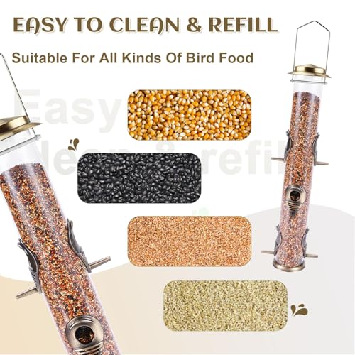 2PK Metal Bird Feeders with 6 Feeding Ports,Tube Bird Feeder with Steel Hanger,Hard Plastic Wild Bird Feeder for Outdoors Hanging, Attracting Birds in Your Lawn, Garden, Balcony (Bronze) - color: Bronze 2 PACK