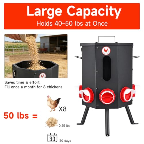 Automatic Chicken Feeder 8 Feeding Ports, 50lbs No-Waste Gravity Poultry Feeder 8 Feeding Ports with Rainproof Lid, Rodent-Proof Large Capacity Metal Chicken Feeder for Hens, Ducks, Birds