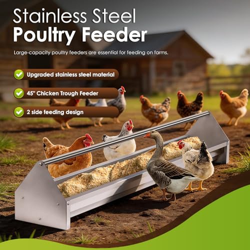 Chicken Feeding Trough 45" Chicken Feeder and Duck Feeder | Stainless Steel, Double Sided Poultry Chicken Feeder Trough, with Crossbar Large Capacity for Chicken Duck Goose Quail