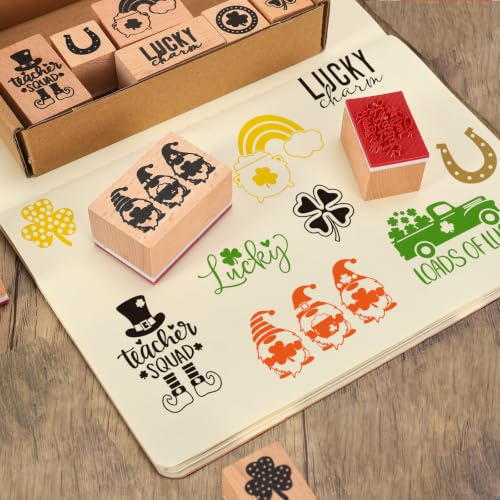 JarThenaAMCS 11 Pcs St. Patrick's Day Wooden Rubber Stamps Lucky Clover Shamrock Gnome Mixed DIY Craft Stamps for Irish Party Decor Scrapbooking Cards Making - style: St. Patrick's Day