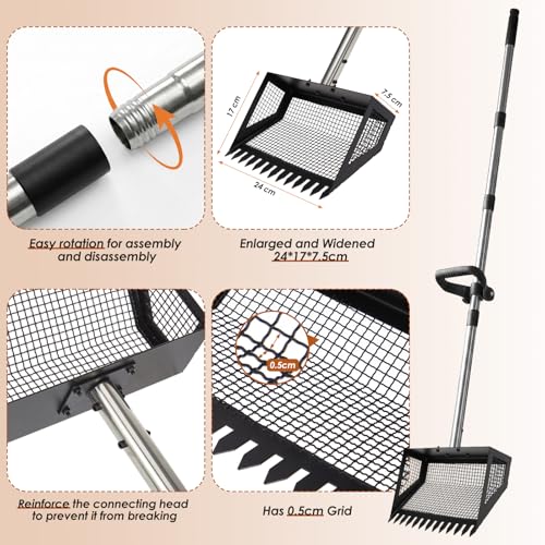 Biupky 10inch Chicken Poop Scooper & Rake, Chicken Litter Scoop with Handle for Chicken Coop & Pet Waste Cleaning for Chicken Coop, Goat Stall, Stable, Litter Sifting Shovel（24 to 63"