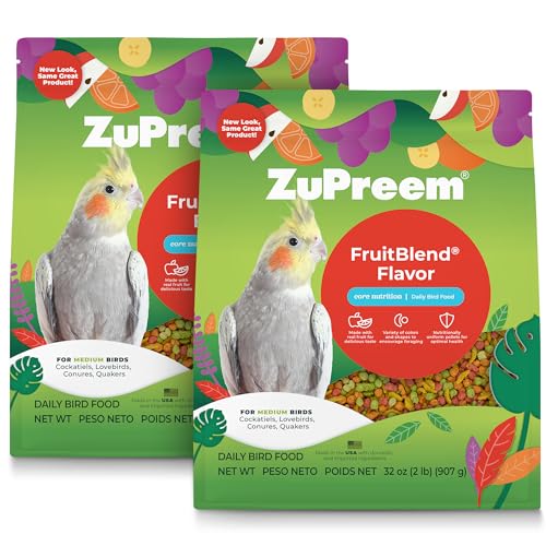 ZuPreem FruitBlend Cockatiel Pellets, Medium Bird Food, 2 lb, Pack of 2 | Vitamin fortified, FruitBlend flavor, for quakers, lovebirds & small conures, daily pellet diet