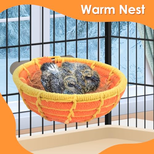 KATUMO Bird Nest, 5.3in Parrot Breeding Nest Bed with Natural Coconut Fiber Bedding for Budgie, Parakeet, Cockatiel, Conure, Lovebird, Canary, Finch, Small Birds - color: Orange+Yellow