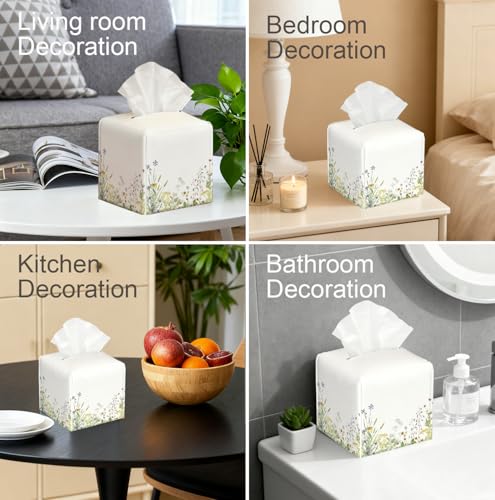 Watercolor Wildflower Tissue Box Cover, PU Leather Holder with Floral & Butterfly Design for Living Room/Bathroom, Gift for Housewarming & Nature-Loving Homeowners - color: White Decoration Theme-05