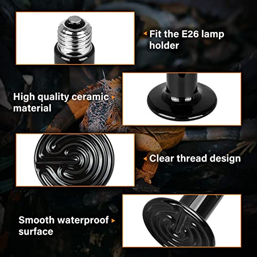 Simple Deluxe 25W Ceramic Heat Lamp, Reptile Heat Bulb Emitter, No Light Emitting Brooder Coop Heater for Amphibian Pet & Incubating Chicken, Black, 2 Pack - size: 25 Watts