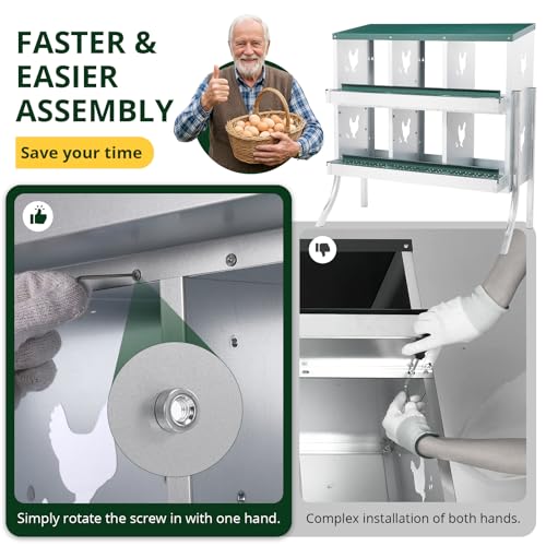 6-Compartment Roll Away Chicken Nesting Box with Legs,Lid & Perch | Pre-installed nuts, Fast assembly, galvanized steel, rounded edges, sunshade cloth + vents, wall mount or floor use