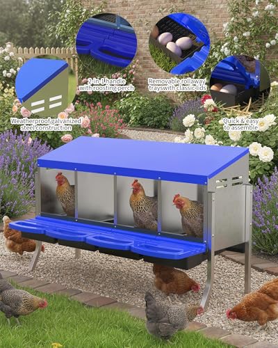 GarveeLife Chicken Nesting Box 4 Hole, Galvanized Steel Nest with Roll Away Egg Collection & Swing Perch, Easy-Clean Laying Box for Hens, Heavy Duty Design for Chicken Coop - color: Blue, size: 4 holes with legs