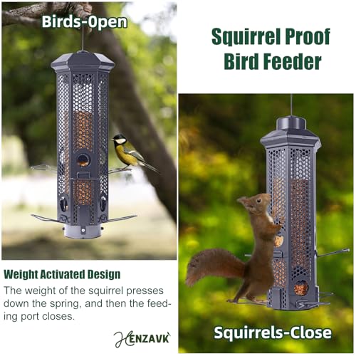 Squirrel Proof Bird Feeders with Removable Base, Metal Wild Bird Feeder for Outdoors Hanging, 6 Weight-Activated Ports Perches, 3LB Seed Capacity(Gray) - color: Gray