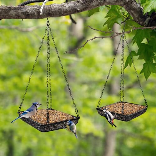 Hanging Bird Feeder Tray Metal Mesh Platform Seed Feeder with Durable Chains for Outdoors Garden Great for Attracting Birds (2 Pack) - size: 6.9"*6.9"-2pack