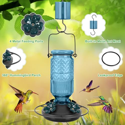 Glass Hummingbird Feeder for Outdoors Hanging, 16 oz Leak-Proof Nectar Feeder with Bee Guards & Ant Moat, 4 Metal Flower Feeding Ports, 360° Perch Ring, Easy Refill & Clean, Blue - color: Blue