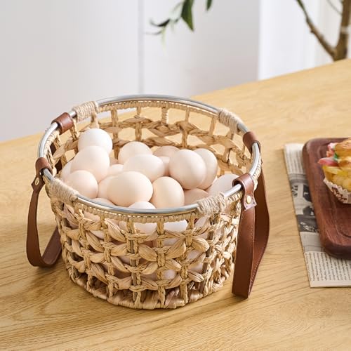 Farmhouse Wicker Egg Basket for Collecting Fresh Eggs, Round Storage Basket with Handle, Brown, Sea Grass - color: Round-Water Hyacinth