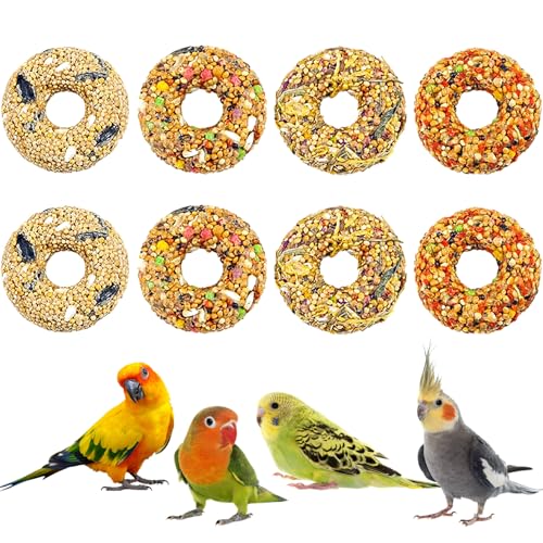 Fhiny 8 PCS Parakeet Treats, Donut Shaped Natural Grain Cockatiel Food with Fruits Vegetables Flowers and Herbs Bird Chew Toys for Parrot Conure Lovebird Training Rewards and Beak Grinding