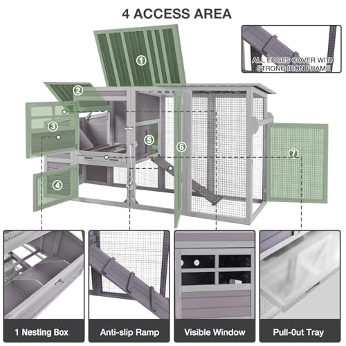 75" Large Chicken Coop with Run, Mobile Wooden Poultry Cage on Wheels, Sectionable Nesting Box, Weatherproof Roof, Easy Cleaning Tray for 3-6 Chickens, Easy Assembly - color: Grey (AIR31)