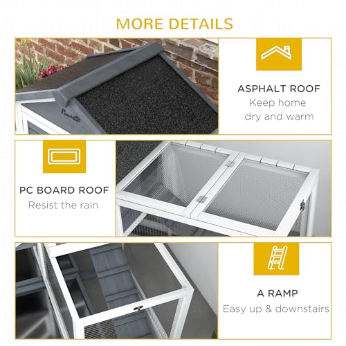 PawHut 65" Wooden Rabbit Hutch Guinea Pig Hutch Openable Roof Wheels Gray | Pet Playpen, Bunny House Enclosure, Storage Box, Slide-out Tray, Ramp, for Rabbits Chickens Ducks