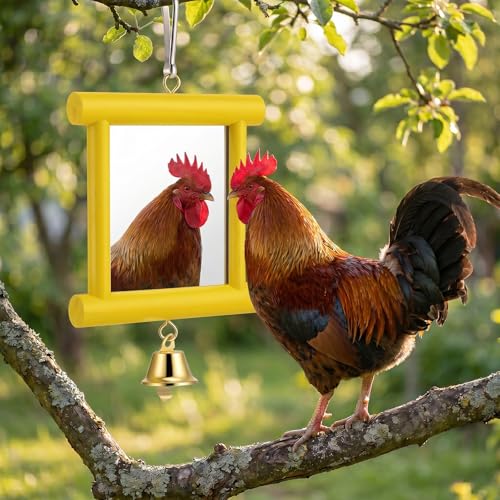 Chicken Mirror Toys with Bell for Coop Enrichment, 4 x4 Inch Hanging Swing Mirror Wooden Pecking Toy for Hens Birds Parrots(Yellow) - color: Yellow