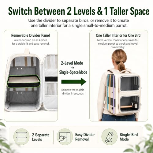 Dual-Level Bird Backpack, Portable Parrot Travel Cage with Removable Divider for 2-4 Small to Medium Birds or 1 Larger Bird,Parrot Bag Carrier with Perch Rods, Feeding Bowls and Trays (Beige)