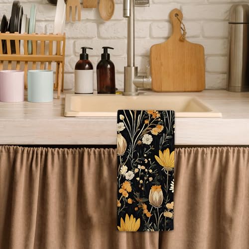 Dark Cottagecore Floral Kitchen Towels, Vintage Wildflower Hand Towels for Bathroom, Aesthetic Flower Botanical Dish Tea Towel for Kitchen, 16x24 Inch - color: Yellow Floral
