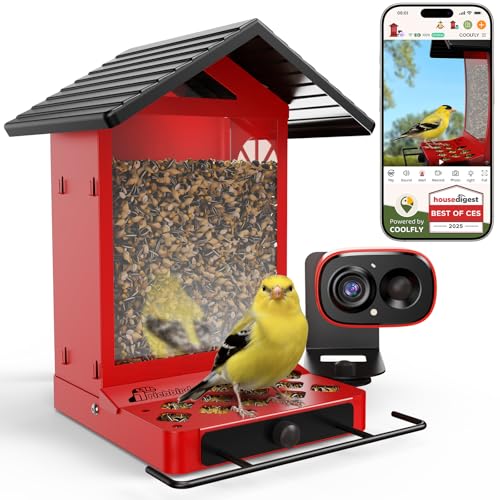 Smart Bird Feeder Camera,Vivid 2.5K Color Night Vision | Free AI Bird Identifier, Durable Squirrel-Resistant Metal Body, Solar Powered, Outdoor Gift for Mom Dad Birds Lovers - color: Red Camera