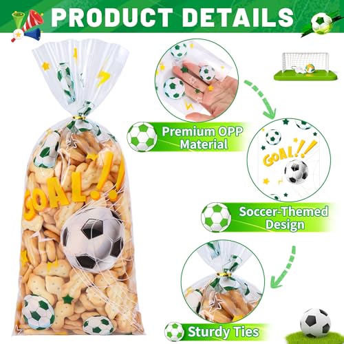 QOIUSO 100PCS Soccer Cellophane Treat Bags - Clear Plastic Goodie Bags with 110 Gold Twist Ties - Soccer Party Favor Bags for Snacks, Game Day, Sports Events, Birthday & School Activities - color: Soccer-100pcs