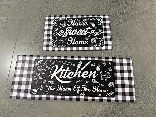 Buffalo Plaid Anti Fatigue Kitchen Mats, Black, 17.3"x47"+17.3"x29" | Cushioned Non Slip Memory Foam Waterproof, Checkered Kitchen Decor Rugs for Floor, Set of 2 for Sink Laundry Office - color: Black White