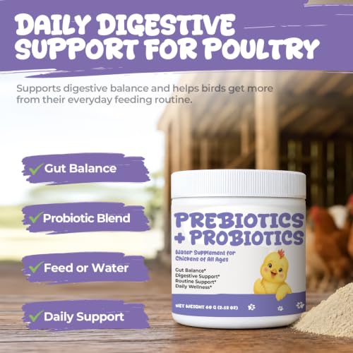 Chicken Probiotics Powder for Chickens, Ducks & Poultry, Digestive Support | Prebiotic & Probiotic Supplement for Digestive Health, Gut Balance, Feed Utilization & Daily Flock Wellness, 60 g