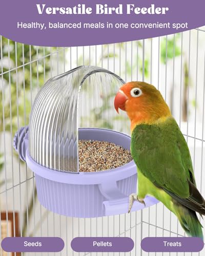 Pawfly No Mess Bird Feeder with Water Dispenser, Food and Water Bowl for Parakeet, Parrot, Cockatiel, Budgie and Lovebird, 4" D x 5.5" H Bird Cage Feeder - color: Purple