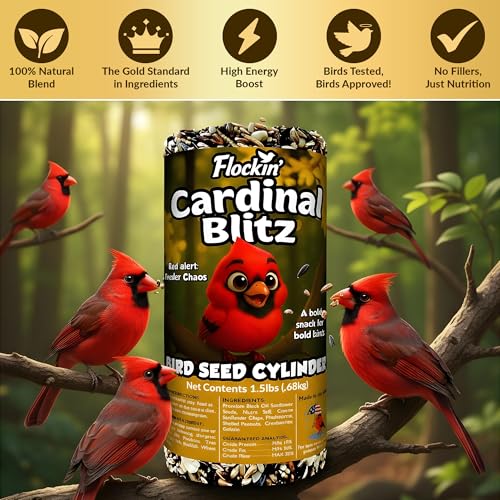Cardinal Bird Seed Cylinders with Hole, Nutrasaff & Mealworms, 4" x 7.75" | Cardinal Blend, Cylinder Bird Seed, Safflower, Peanuts, Mealworms & Cranberries, Attracts Various Wild Birds, USA Made 1.5lbs - size: 1-Small