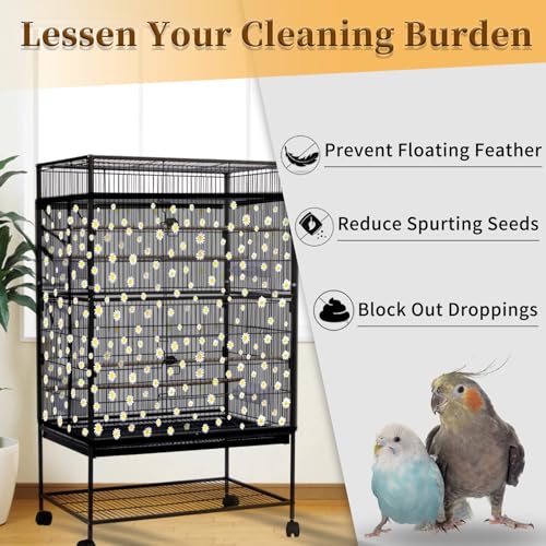 Daoeny 2PCS Bird Cage Seed Catcher, Large Bird Cage Cover, Adjustable Soft Airy Nylon Mesh, Birdcage Cover Skirt Seed Guard for Parrot Parakeet Macaw Round Square Cages (Black & White Daisy) - color: Black & White Daisy