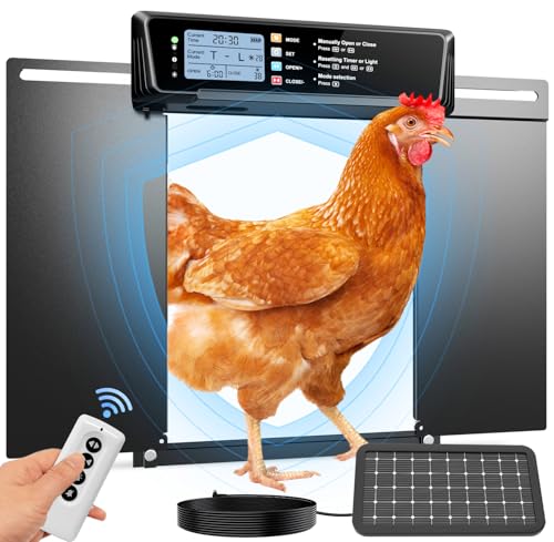 JUJOJB Automatic Chicken Coop Door Solar Powered with Timer & Light Sensor | Battery LCD Screen Automatic Chicken Door Opener With Remote Control, Aluminum, Anti-pinch, Fit Up To 20 lbs, Weatherproof.