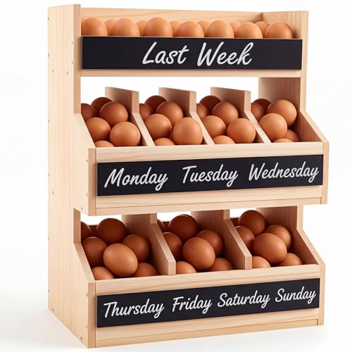 Leinuosen Wooden Egg Holder Countertop with 5 Dividers & DIY Freshness Labels to Separate, 3-tier Wood Egg Storage Basket Organizer, Large Farmhouse Kitchen Counter Display Rack