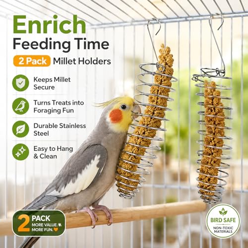Millet Holder for Bird Cage, 2 Pack Spray Millet Treat Holder | Stainless Steel Hanging Parrot Foraging Feeder Toy, Fruit Vegetable Basket for Parakeet Cockatiel Conure African Grey