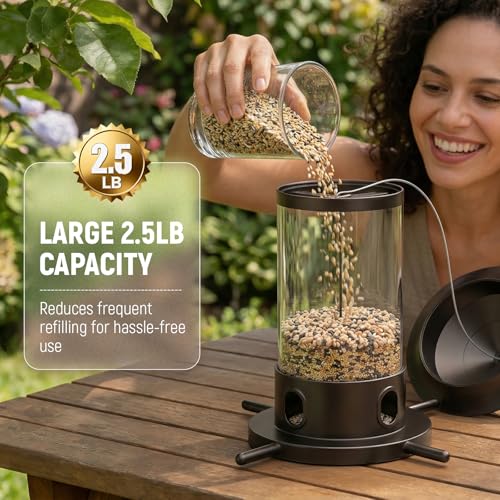Metal Bird Feeder for Outdoor Hanging - Premium Iron Wild Bird Feeders, Bronze Heavy Duty Iron with Drainage Holes, One-Handed Refill Sliding Roof, Elegant Minimalist Garden Decor