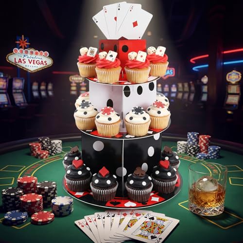 3 Tier Casino Party Decorations Casino Cupcake Stand Decoration Poker Dice Theme Cupcake Tower Poker Dice Cake Holder Table Display for Las Vegas Night Birthday Party Decoration Supplies - style: Casino