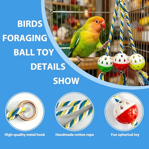 Bird Foraging Ball Toys with Rope, Parrot Feeder Toys for Conures Parakeets Cockatiel, Foot Talon Chewing Training Rattle Bell Balls Parrot Cage Toys (Medium, Ordinary)