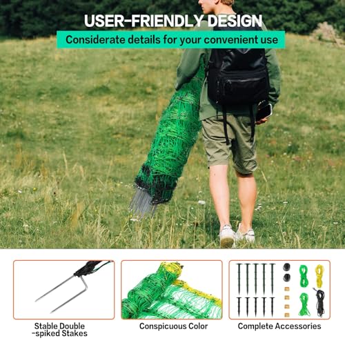 Electric Poultry Netting, 49.6" H x 164' L, Electric Chicken Fence with 14 Posts Double Spiked, Utility Portable Mesh for Chickens Sheep Hogs Goats Deer Dogs Lambs Used in Backyards Farms Ranches