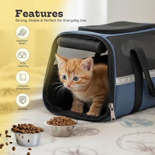 2 Pack Shallow Stainless Steel Cat & Dog Bowls, 1 Cup (8 oz) Each, Heavy Duty Small Pet Only Puppy Kitten & Birds Feeder Replacement Bowl, Rust Resistant Metal Cat Dishes for Food & Water - size: 1 Cup (8 oz)