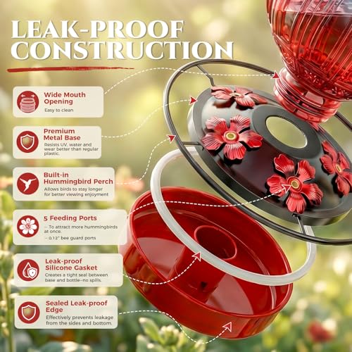 Glass Hummingbird Feeder for Outdoors Hanging, 26 fl oz Bird Nectar Feeder | 5 Metal Flower Feeding Ports, 360° Perch Ring, Easy Refill & Clean, Leakproof, Ideal for Backyard, Garden Decor, Blue & Red - color: Blue-Red Gradient