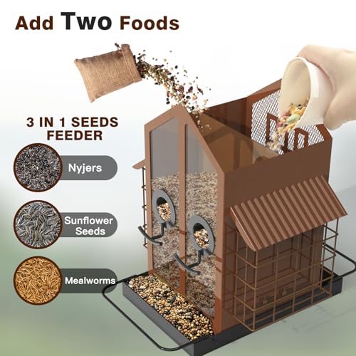 FlowaFoli Bird Feeders for Outdoors, Metal Bird Feeder with Double Suet Cage Weatherproof Metal Roof, 2 in 1 Mixed Seeds Suet Feeder, 4Lbs Large Capacity, Great for Finch、Cardinal、Chickadee（Brown） - color: Brown