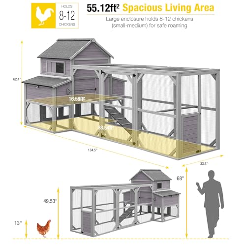 Aivituvin Extra Large Chicken Coop for 8-12 Chickens, Reinforced Outdoor Wooden Hen House with Run, 6 Nesting Boxes, Easy Clean Pull-Out Tray, Waterproof Asphalt Roof - Grey, 134.5"L x 33.5"W x 62.4"H - size: 134.5"L x 33.5"W x 62.4"H