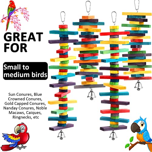 4 Pcs Bird Parrot Toys with Multicolored Natural Wood Blocks, Bird Chew Toys for Large Medium Parrots Macaws Lovebirds Doves Cockatiels Conures Parakeets Chewing Biting Foraging, 2 Designs
