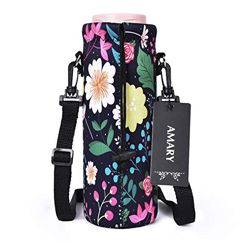 AMARY 500ML Neoprene Water Bottle Carrier Bag with Adjustable Shoulder Strap,Insulated Water Bottle Cover for Stainless Steel/Glass/Plastic Bottles 16.9OZ (Flowers-5) - color: Flowers-5