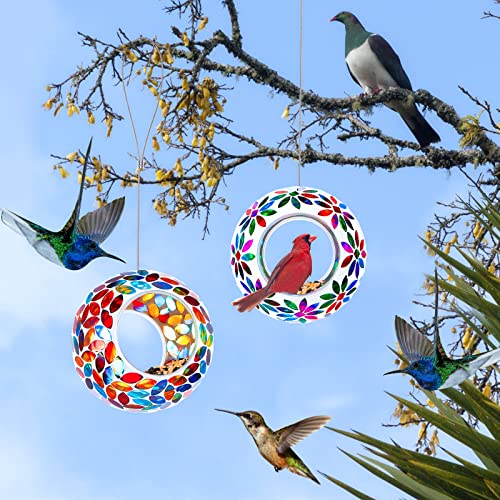 2 Pcs Mosaic Glass Hanging Bird Feeder Round Fly Through Balcony Bird Feeder for Backyard Window Outdoor Garden Deck Porch Decor - style: Elegant,Portable