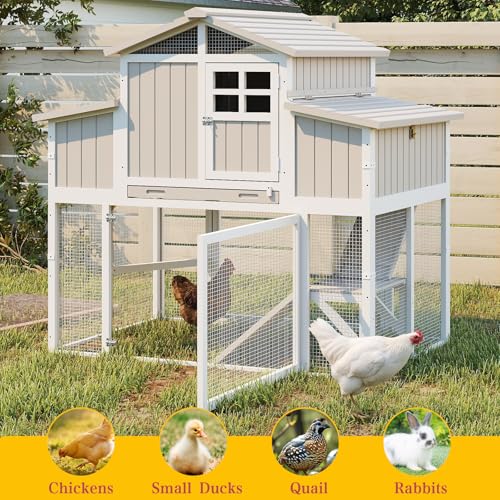 PetsCosset Large Chicken Coop Outdoor with Run, Expandable Hen House, Grey | with Sectionable 4 Nesting Boxes, Rabbit Hutch Poultry Bunny Cage for 2-4 Chickens with 4 Perches, Pull-Out Tray and Ramp