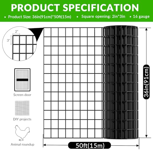 Welded Wire Fencing 36 Inch x 50 Foot,2 Inch x 3 Inch 16GA Black PVC Wire Fence,Vinyl Coating Metal Wire Mesh for Yard Vegetable Protection Goat & Poultry Netting - size: 36in*50ft 2″×3″