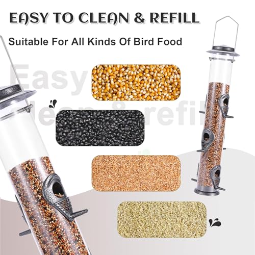 2PK Metal Bird Feeders with 6 Feeding Ports,Tube Bird Feeder with Steel Hanger,Hard Plastic Wild Bird Feeder for Outdoors Hanging, Attracting Birds in Your Lawn, Garden, Balcony (Grey) - color: Grey 2 PACK