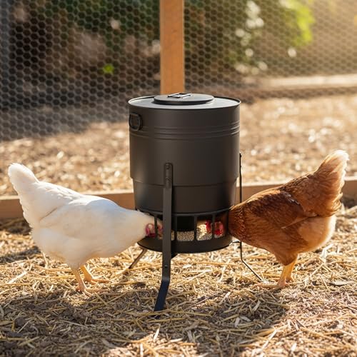KOL Chicken Feeder No Waste for Coop & Outdoors, 16 Port 50lbs Poultry Feeder with Spill-Control Design, Rust-Proof Powder Coated Metal & Smooth Safe Edges (Black) - color: Black