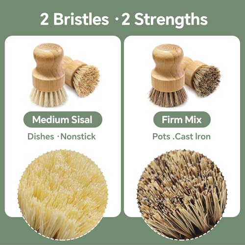 Bamboo Dish Brush Set, 4 Pack, Plastic-Free (2 Medium Sisal, 2 Firm Coconut Coir), Dish Scrubber & Vegetable Brush for Cast Iron, Nonstick