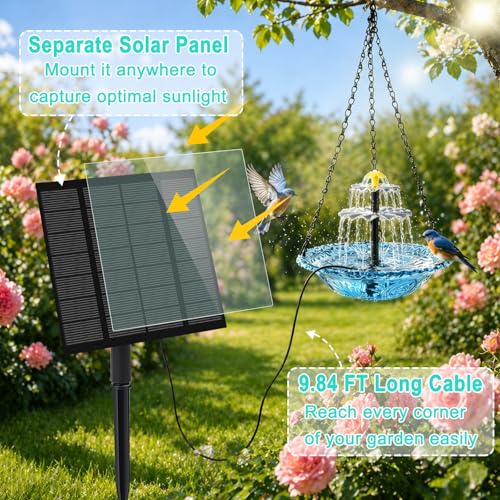 Solar Hanging Bird Bath Fountain, Solar Powered Cascading Water Fountain, Outdoor Hanging Bird Bath with Solar Fountain for Garden, Patio, Backyard