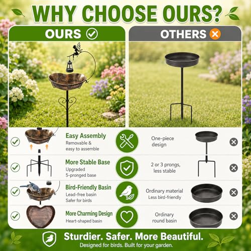 Solar Metal Heart Bird Bath for Outside, 48"H 14"Dia Removable Bowl,3.5 D | Upgraded 5-Pronged Base with Removable Vintage Freestanding Bowl , Birdbaths for Garden Yard Lawn Decor Gifts for Mom