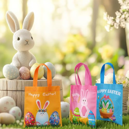 Sweetude 180 Pcs Easter Tote Bags Bulk Easter Gift Treat Bags with Handles Reusable Non Woven Bunny Rabbit Egg Goodie Party Favor Packages for Party Supplies